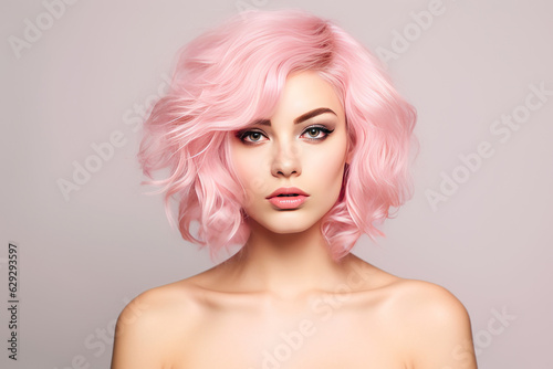Emotion woman with pink hair. AI generated