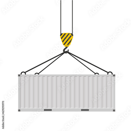 White cargo container hanging on a crane hook. Crane hook. Vector illustration isolated on a white background.	
 photo