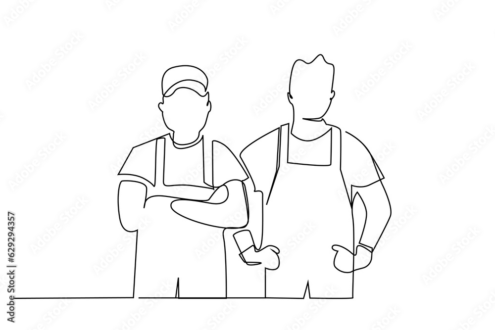 two industrial workers in uniform working professional posing line art