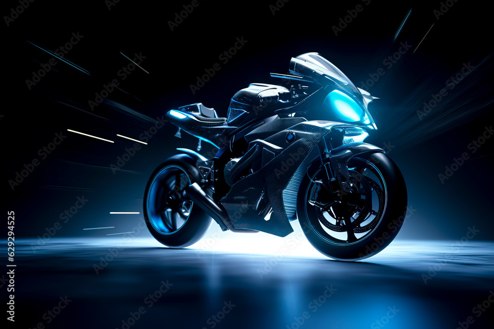 Into the Future: Futuristic Motorcycle with Neon Glow created with Generative AI technology