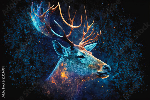 Night Sky Elegance: Celestial Deer in Vibrant Colored Lines created with Generative AI technology