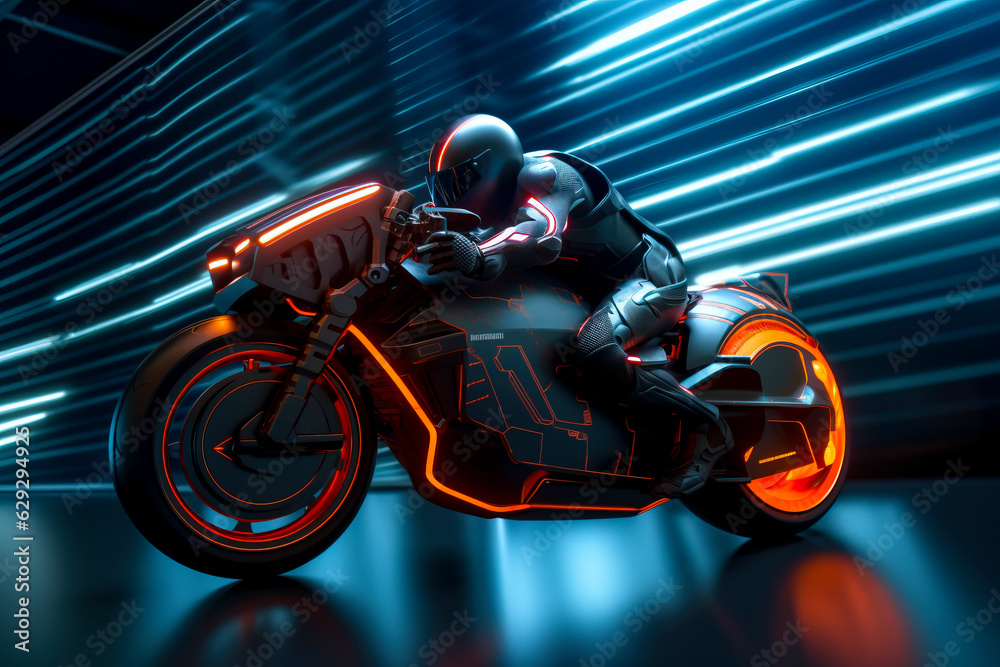 Obraz premium Immerse yourself in the neon-lit nights of the city as a cutting-edge futuristic motorcycle blazes through the streets created with Generative AI