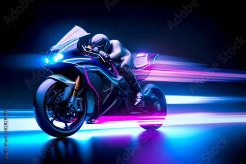 Futuristic Motorcycle Speeding Through Neon City Lights created with Generative AI technology