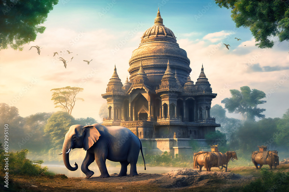 an elephant with a large pagoda in the background - obrazy, fototapety, plakaty 