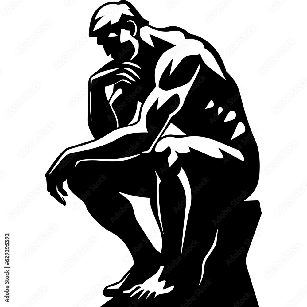 Statue in thinking pose black silhouette logo vector