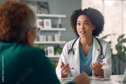 black mixed race doctor talking to patient 