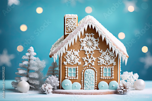 A blue gingerbread house decorated with white icing