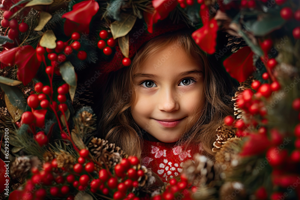 Close-up of a little girl's face peeking through a Christmas wreath. Close-up of a little girl's face peeking through a Christmas wreath.