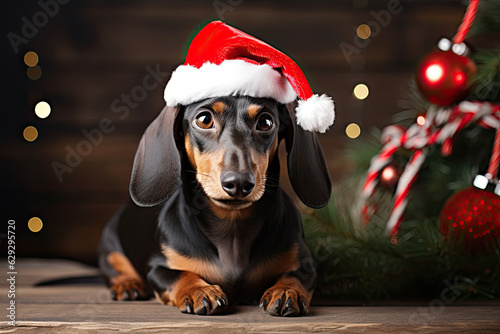 Dachshund dog wearing red Santa hat, Christmas setting  © reddish