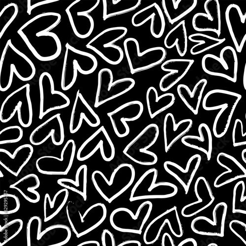 Seamless pattern with abstract white hearts on black background. Hand drawn chalk print for fabric  textiles  wrapping paper. Vector illustration