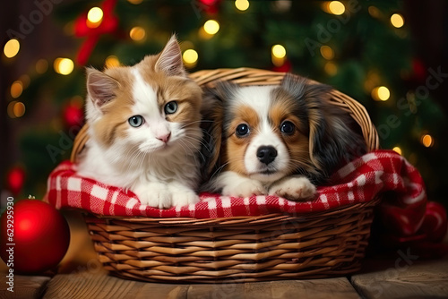 Dog and cat in a bascket, Christmas setting 