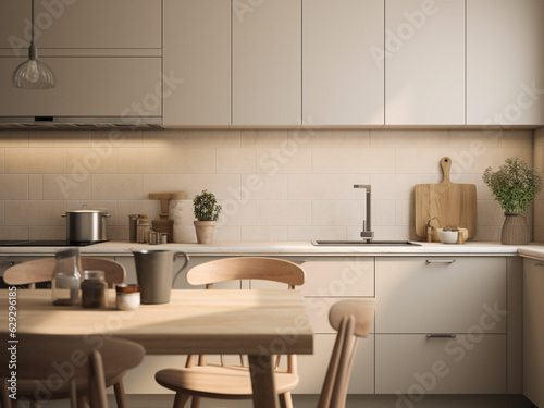 Beige kitchen interior exuding sophistication. AI Generated.