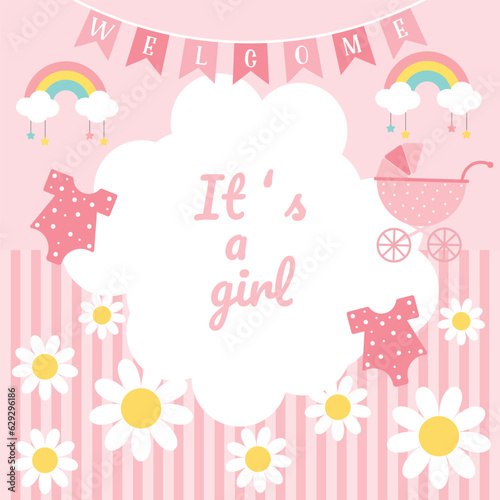 Baby shower It's a girl greeting card. Cute invitation note pad template. Vector illustration.