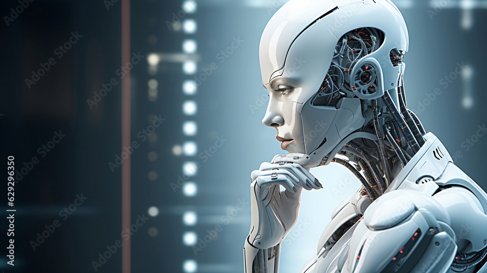 A humanoid robot deep in thought in a futuristic setting, representing artificial intelligence, technology, and the future of robotics. Generative Ai. A humanoid robot deep in thought in a futuristic setting, representing artificial intelligence, technology, and the future of robotics. Generative Ai.