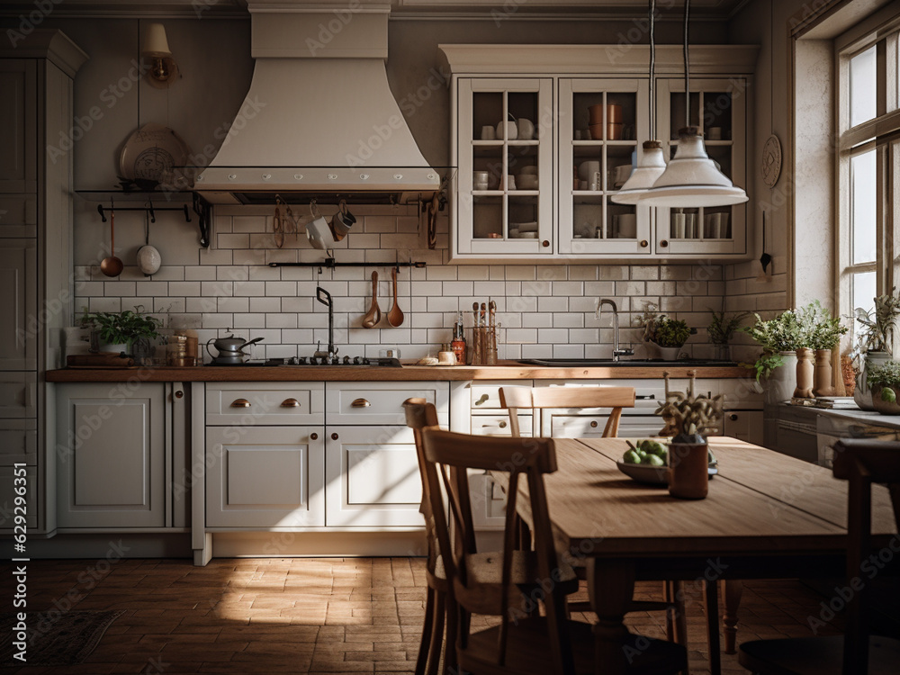 Bright classic kitchen showcasing sophistication. AI Generated.