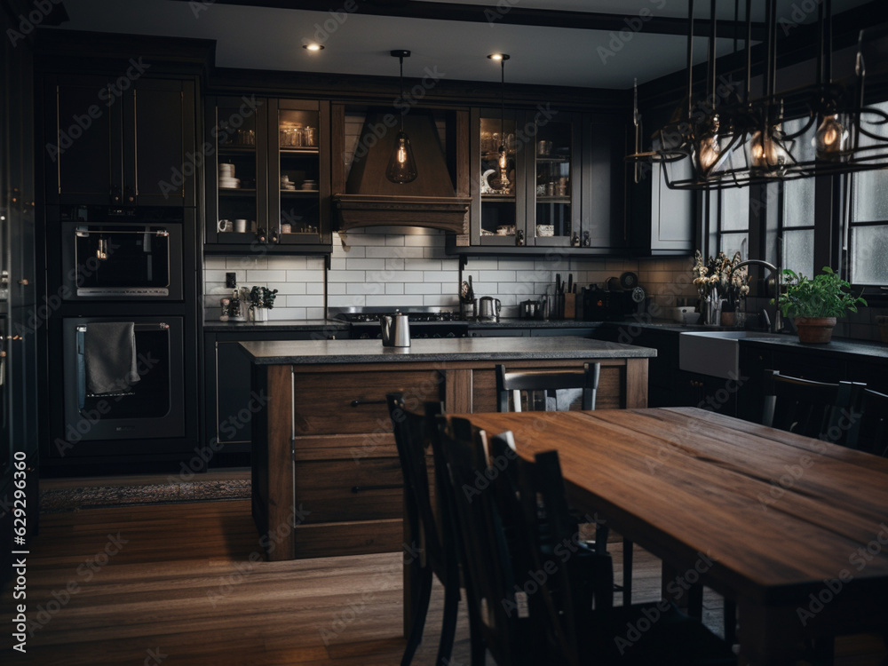 Contemporary dark wood kitchen design. AI Generated.