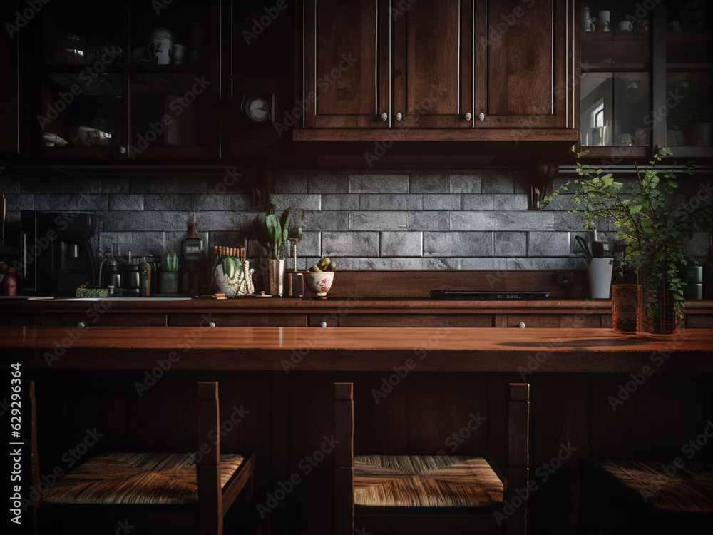 Dark wood kitchen featuring sleek appliances. AI Generated.