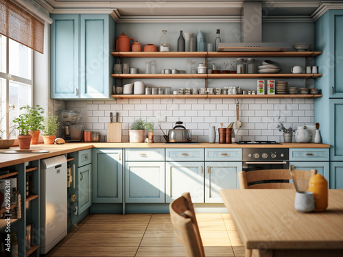 Bright blue kitchen with contrasting accents. AI Generated.