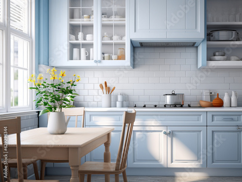Chic blue kitchen featuring glossy surfaces. AI Generated. © Llama-World-studio