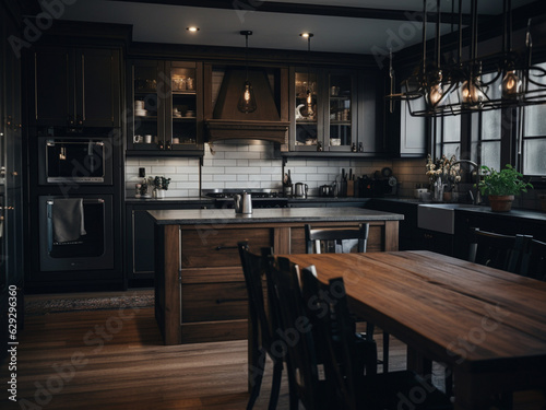 Contemporary dark wood kitchen design. AI Generated. © Llama-World-studio