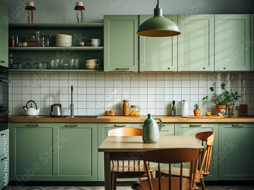 Bright green kitchen with a natural touch. AI Generated.