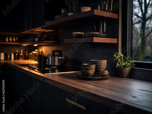 Bright accents in a dark wood kitchen. AI Generated.