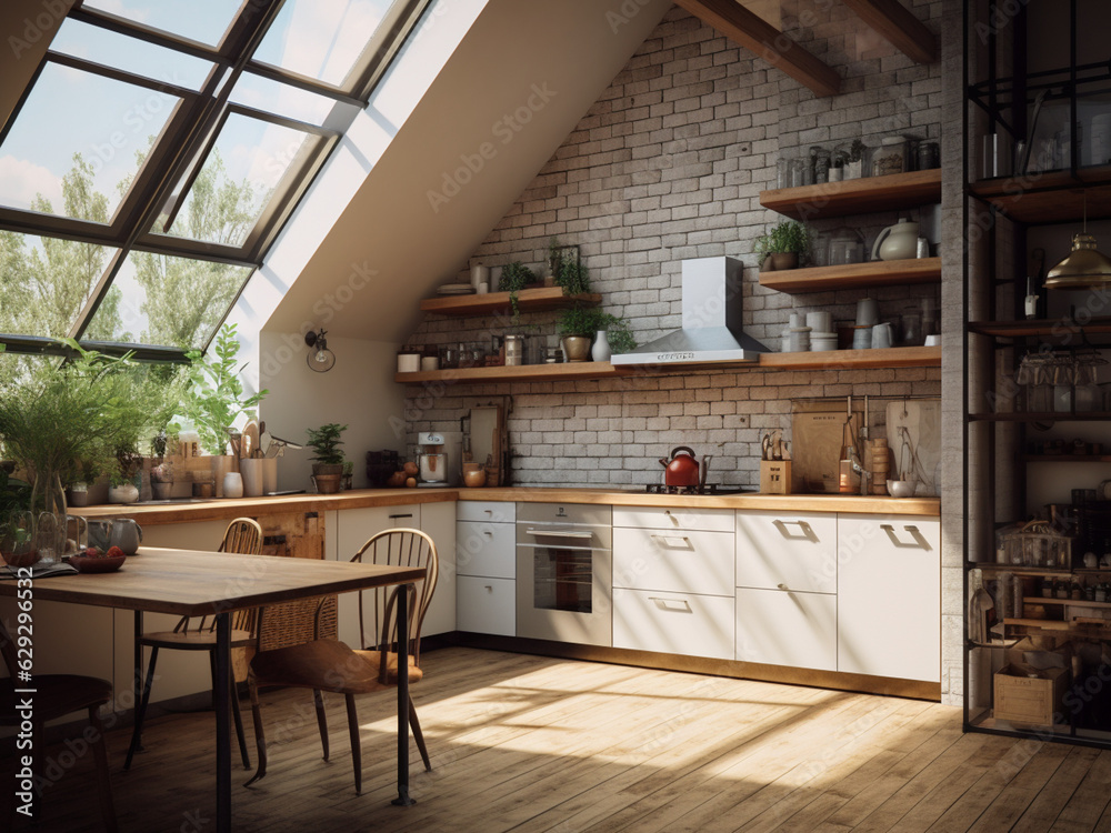 Loft kitchen featuring stylish decor. AI Generated.