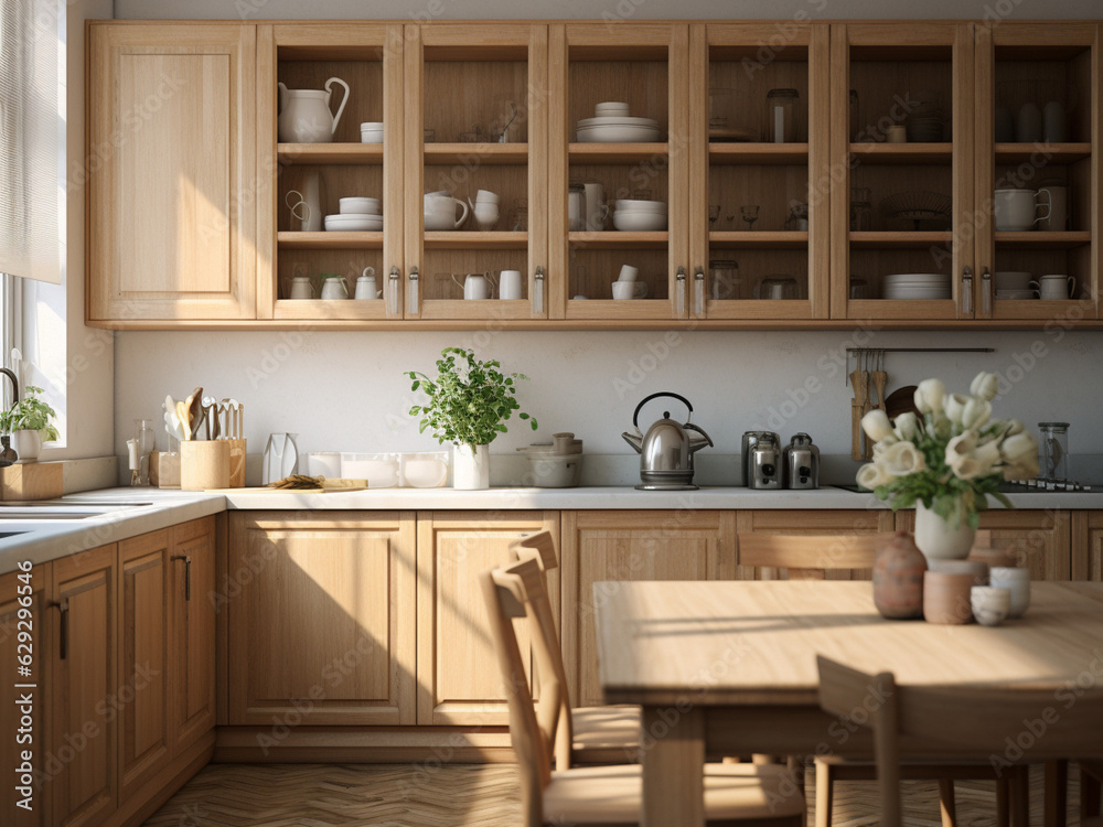 Light wood kitchen interior exuding natural beauty. AI Generated.