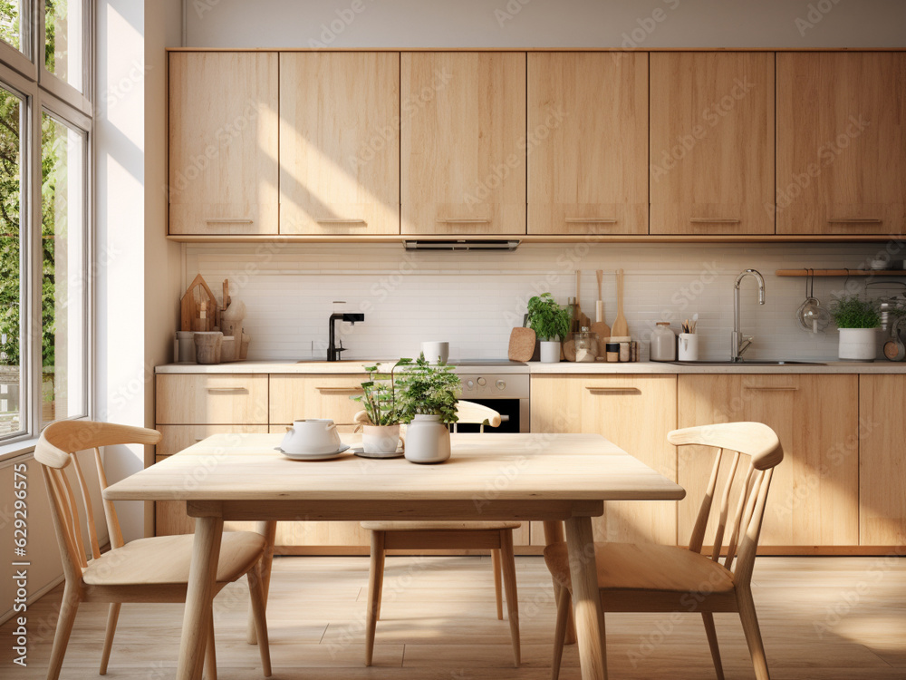 Chic light wood kitchen featuring timeless appeal. AI Generated.
