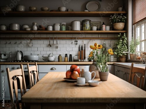 Modern kitchen with elegant furniture. AI Generated.