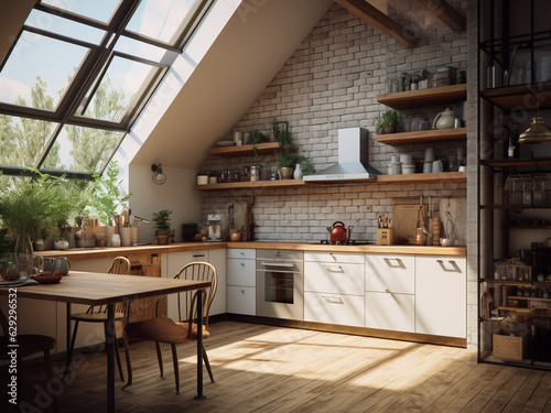 Loft kitchen featuring stylish decor. AI Generated.