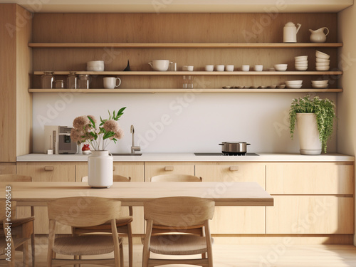 Light wood kitchen interior with a warm ambiance. AI Generated. © Llama-World-studio