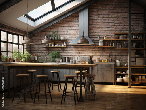 Bright loft kitchen with a spacious feel. AI Generated.