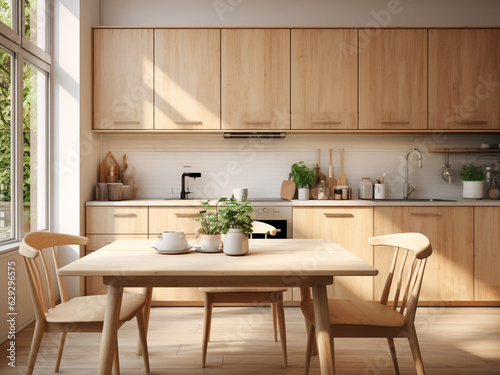Chic light wood kitchen featuring timeless appeal. AI Generated.