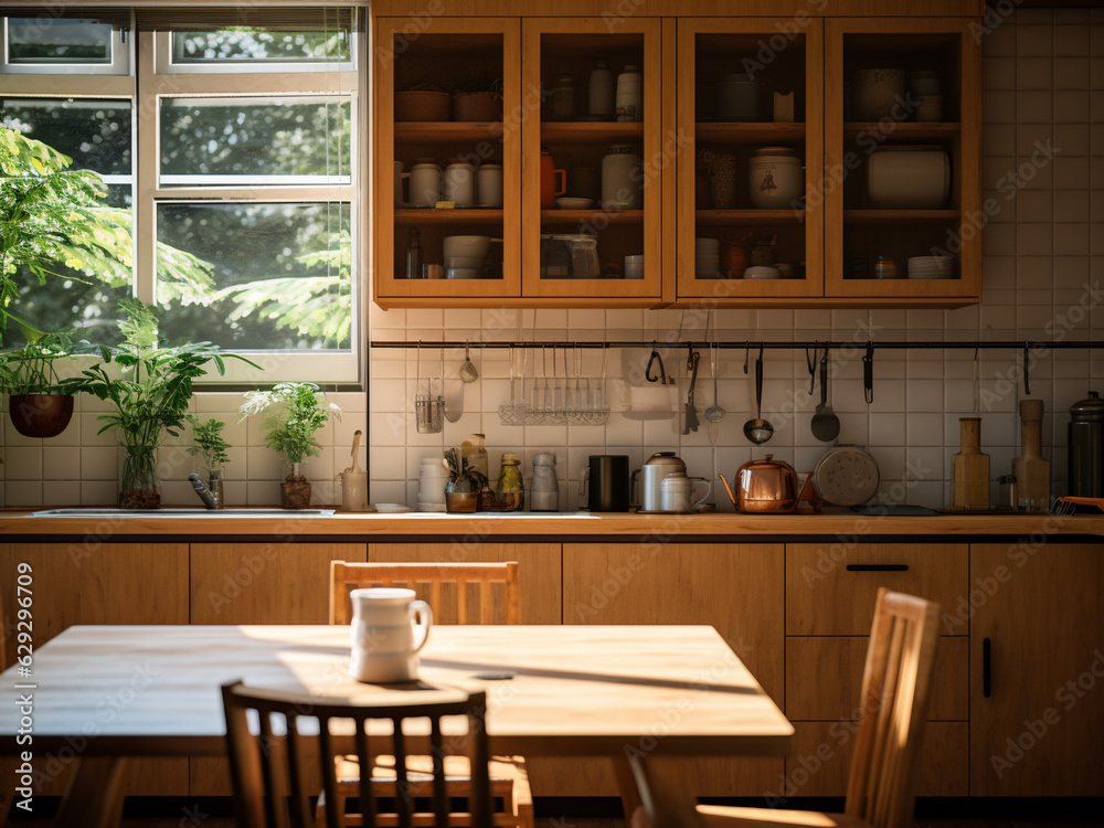 Wood kitchen interior embracing organic textures. AI Generated.