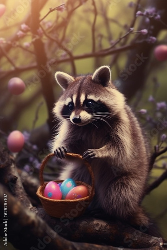 Adorable Raccoon in a Spring Bush Surrounded by Many Easter Eggs AI generated