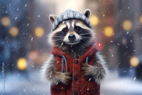 Adorable Raccoon with Cap Surrounded by Snowflakes in Winter Wonderland AI generated