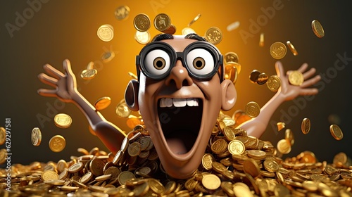 Foto A happy smiling rich man with a crazy look plunged into a pile of gold coins