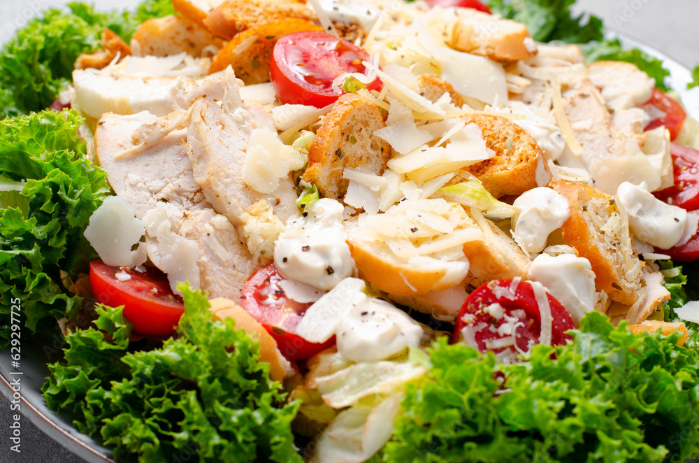 Caesar Salad, Fresh Salad with Grilled Chicken Breast, Croutons, Parmesan Cheese, Cherry Tomatoes, Lettuce and Dressing