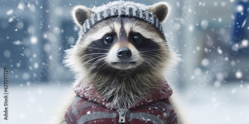 Adorable Raccoon with Cap Surrounded by Snowflakes in Winter Wonderland AI generated © artefacti