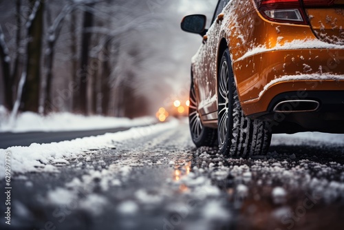 Winter tire. SUV car on snow road. Tires on snowy highway detail. close up view. Space for text. The concept of family travel to a ski resort. Winter or spring holidays adventures.