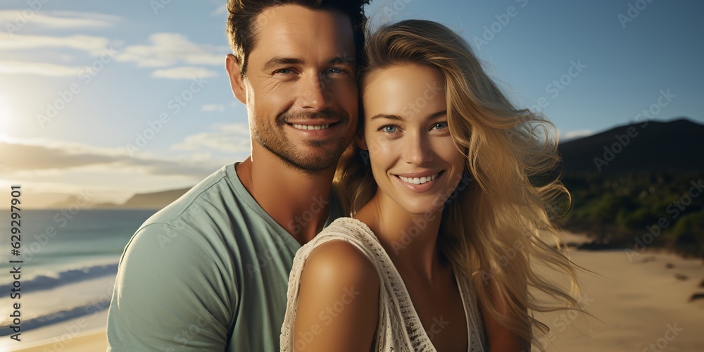 Portrait of a couple in love on the beach, generative AI Portrait of a couple in love on the beach, generative AI