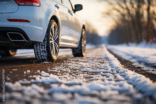 Wallpaper Mural Winter tire. SUV car on snow road. Tires on snowy highway detail. close up view. Space for text. The concept of family travel to a ski resort. Winter or spring holidays adventures. Torontodigital.ca