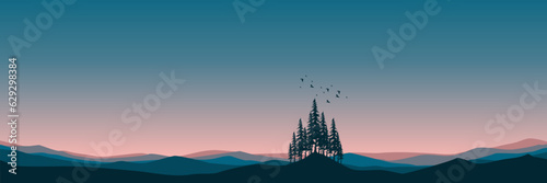 pine forest scenery and bird flying silhouette with sunset skyline landscape panorama vector illustration good for wallpaper, backdrop, background, web banner, and design template