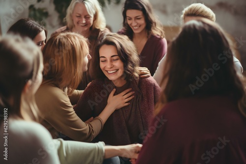 Women hugging in group therapy sessions. Women supporting each other. 