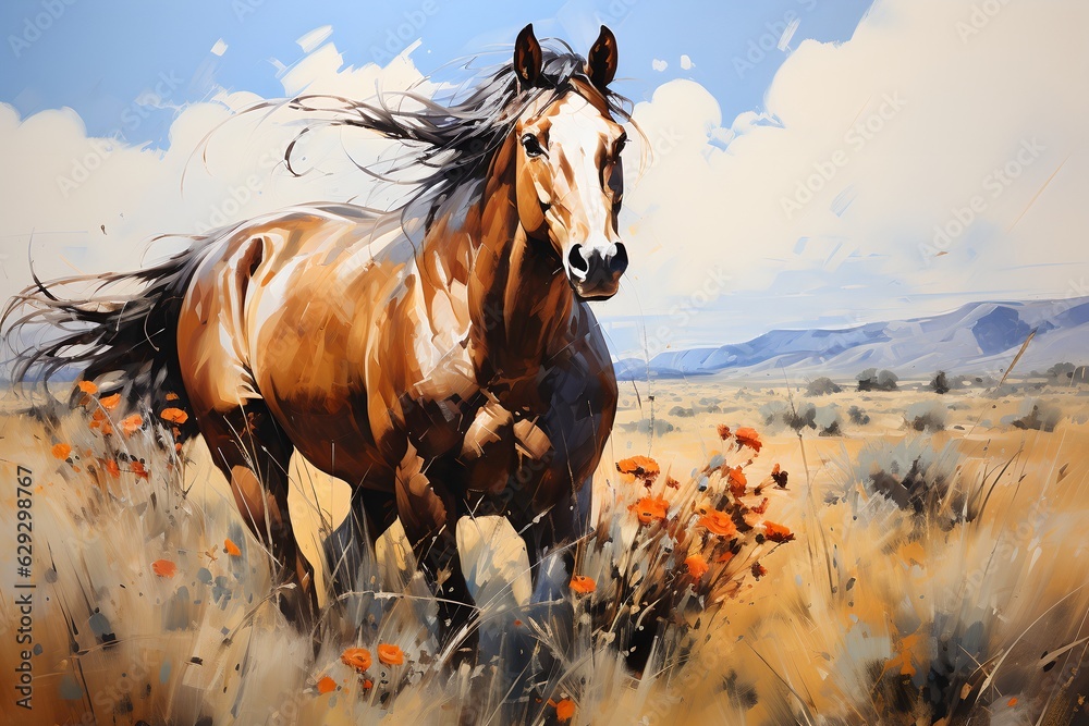 Painting horse in a field, generative ai Painting horse in a field, generative ai
