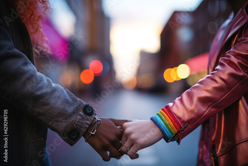 Women LGBT holding hands in the city in a gesture of acceptance 