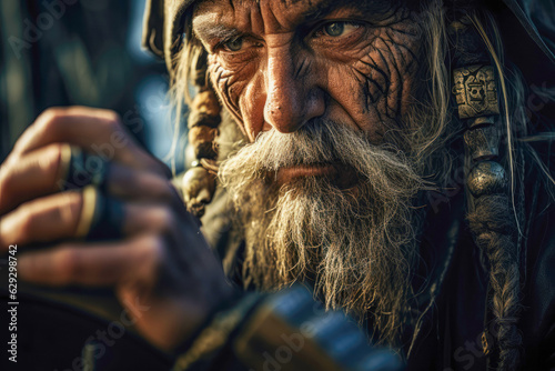 An aged pirate captain, with a long white beard and a lifetime of adventures etched on his face, reflects on the golden age of piracy