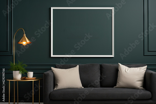Poster frame mockup in dark green living room interior.