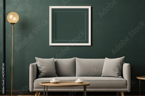 Poster frame mockup in dark green living room interior.